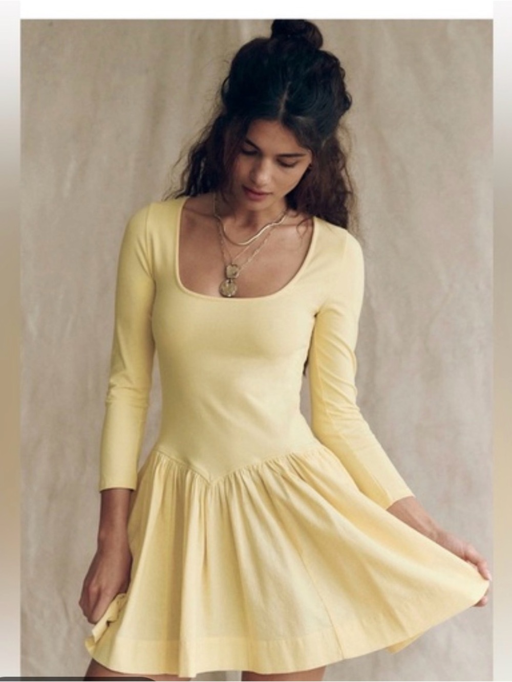 Free People Pale Yellow Square-Neck Mini Dress